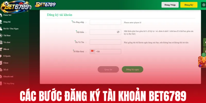 Các bước đăng ký tài khoản BET6789
