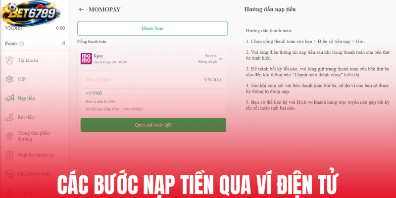 Các bước nạp tiền qua ví điện tử