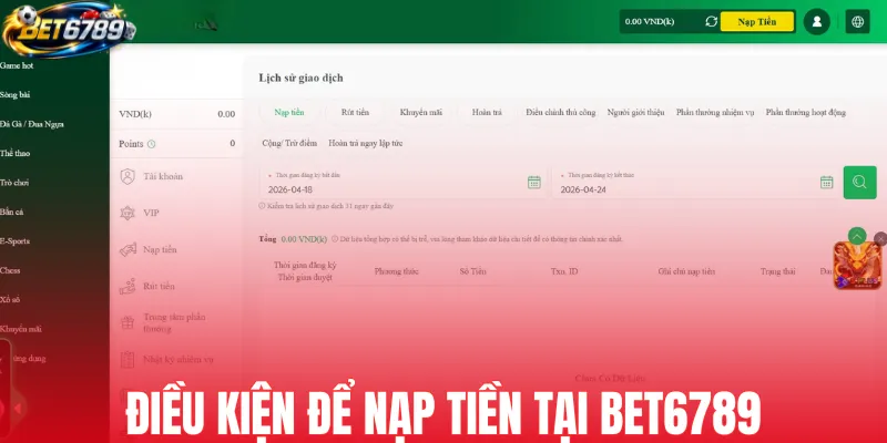 Điều kiện để nạp tiền tại BET6789
